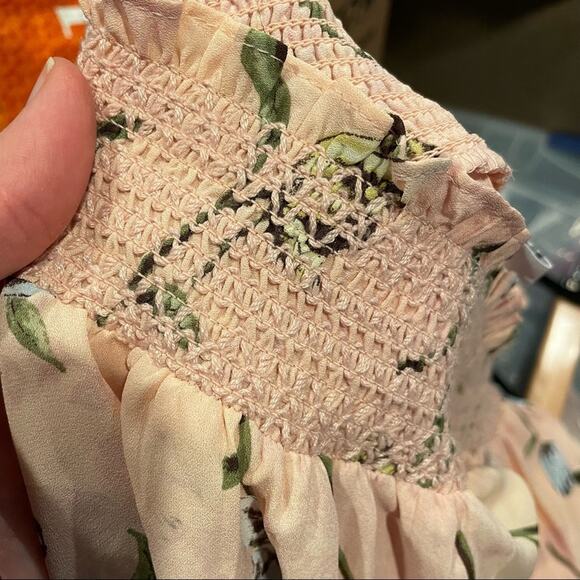 DR2 Pink Floral Off Shoulder Short Sleeve Mini Dress Womens XS Smocked Boho - Picture 5 of 7